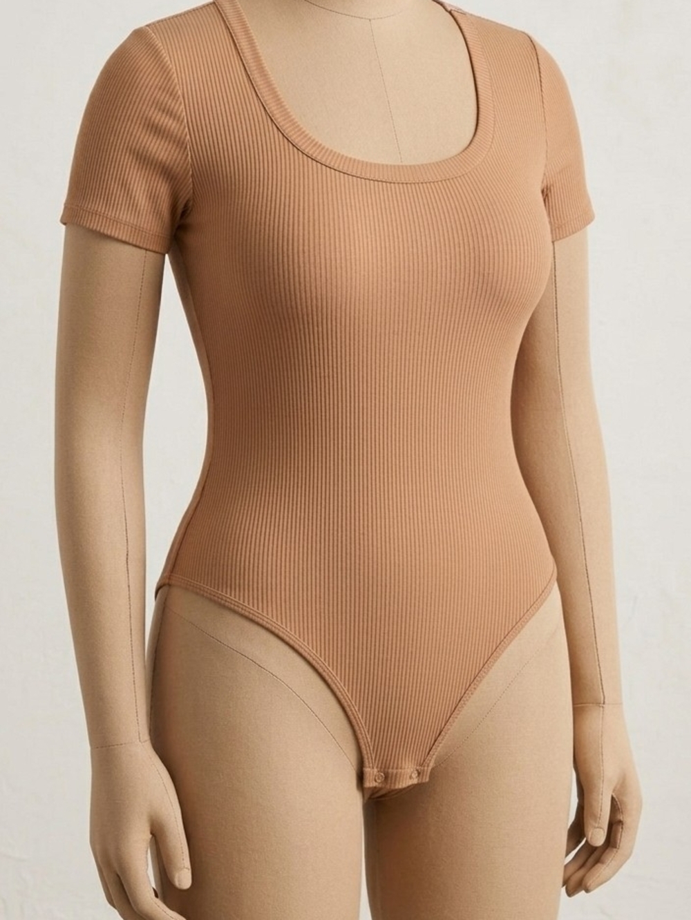 SHEIN Ribbed Scoop Neck Short Sleeve Bodysuit - Camel Tan